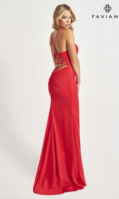 A woman wearing the Faviana Long Satin Formal Prom Dress 11068 with crisscross straps stands facing away, looking over her shoulder. The "Faviana" brand name appears in the top right corner.