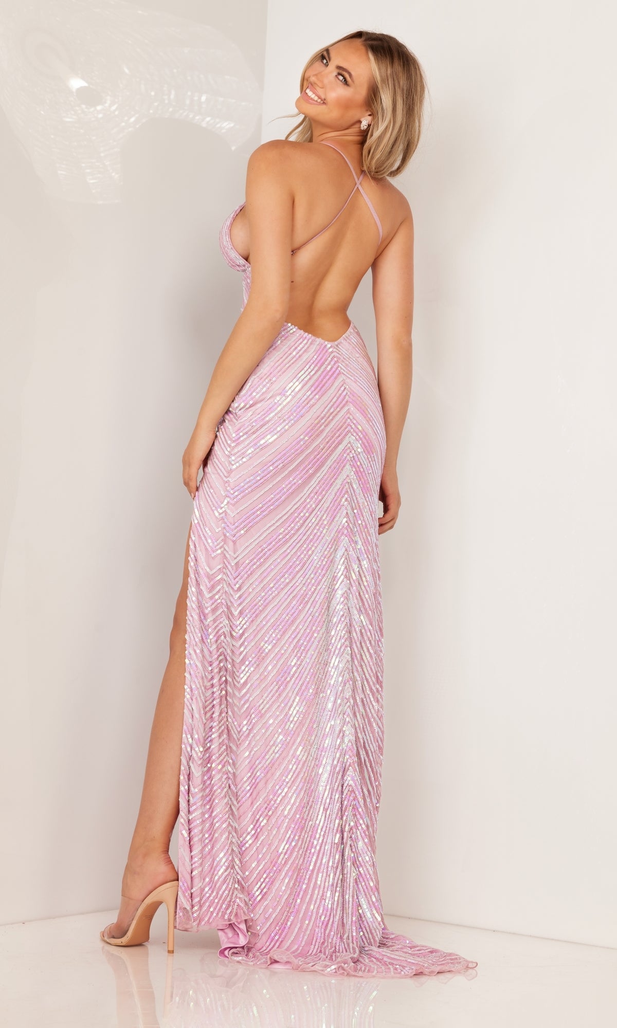 Open-Back Sequin-Striped Long Prom Dress 1106