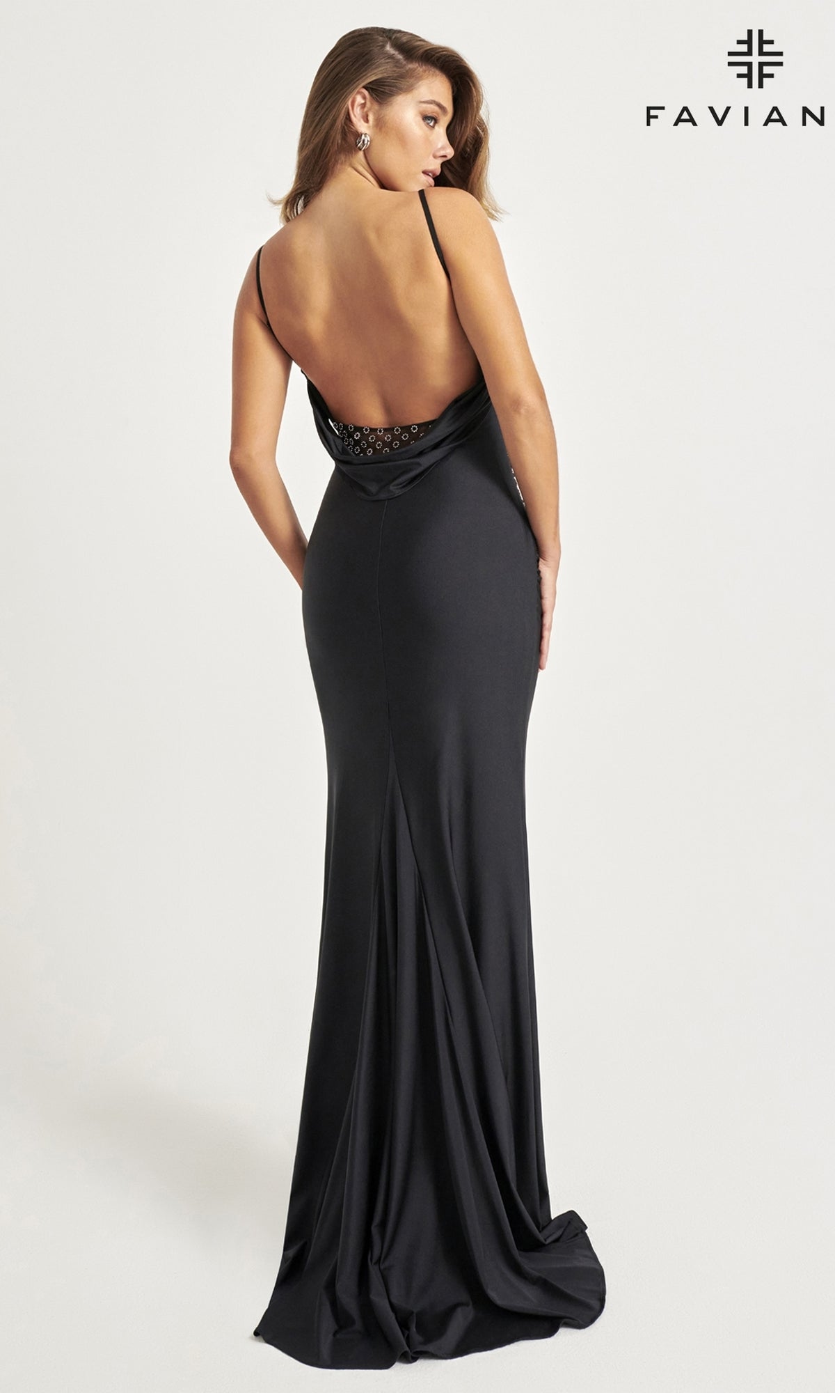 Faviana Long Black Prom Dress with Cowl Back -PromGirl