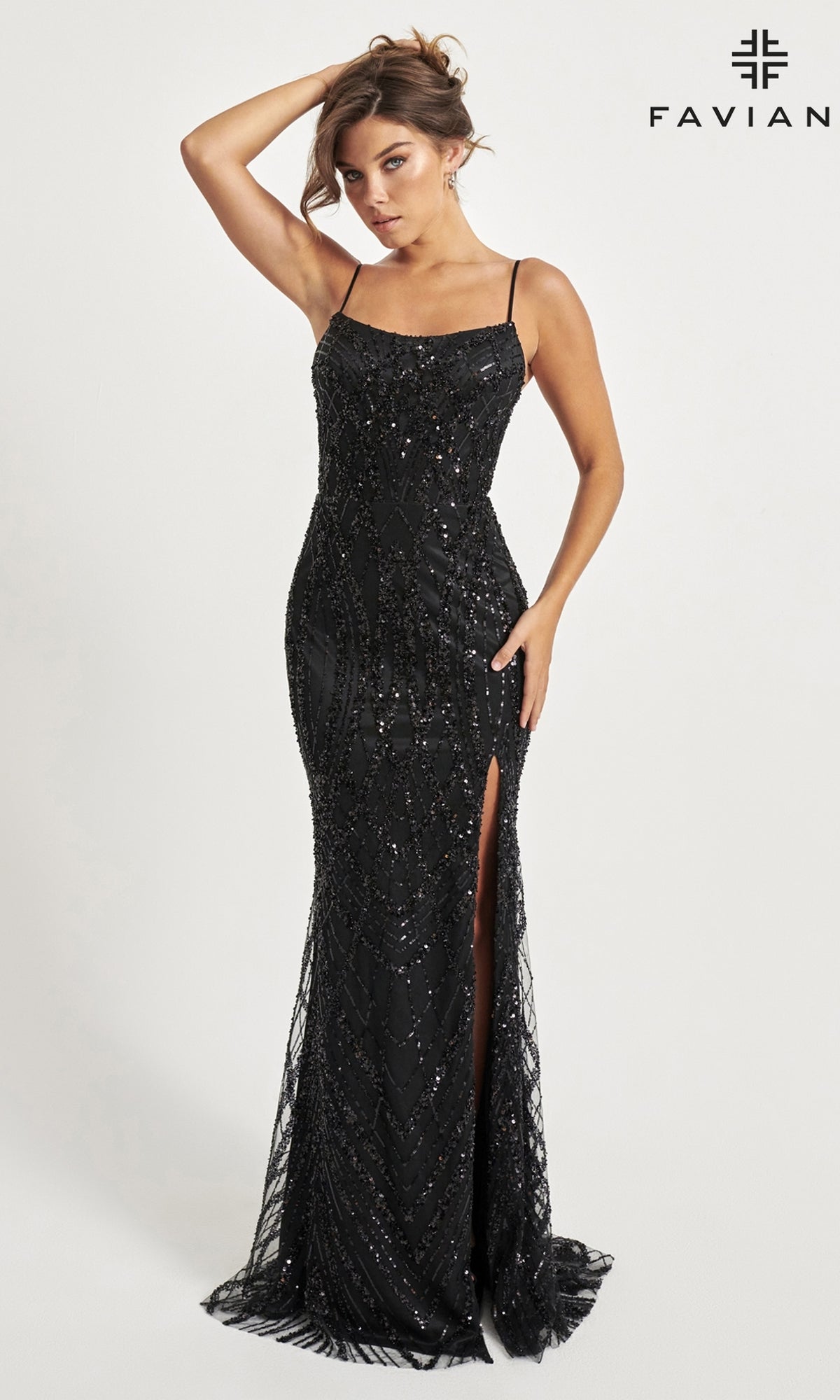 Faviana Long Glitter-Print Prom Dress 11075