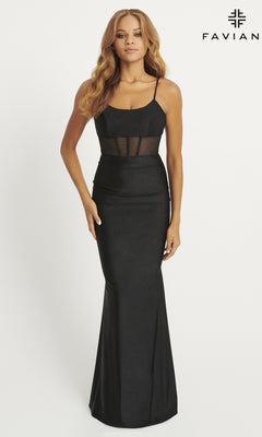 Long Faviana Prom Dress with Sheer Corset - PromGirl Black / 00 Long Faviana Prom Dress with Sheer Corset - PromGirl Black / 00