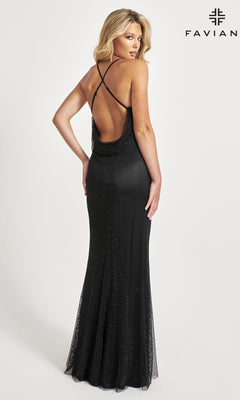 A woman poses facing backward in the Back Cowl Faviana Beaded Long Prom Dress 11080—a floor-length, black, backless gown with thin crisscross straps—against a plain light background. The “FAVIAN” name and logo are in the top right corner.