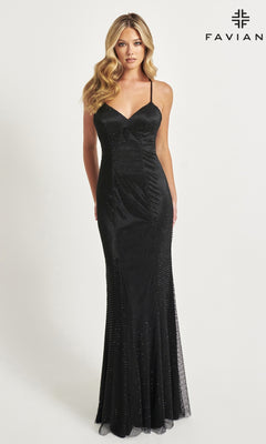 A woman models the Back Cowl Faviana Beaded Long Prom Dress 11080, a fitted, floor-length gown with thin straps and subtle shimmer, standing against a plain white background with the "FAVIAN" logo in the corner.