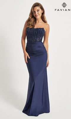 A woman models the Corset Faviana Strapless Long Formal Dress 11081 in navy blue, with a fitted beaded bodice and smooth skirt, standing against a white background. The "Faviana" logo is displayed in the top right corner.