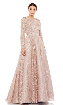 A woman stands against a white background wearing the Mac Duggal 11121 Long Sleeve Mocha Formal Gown.