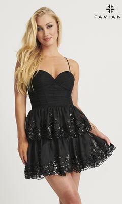 A woman in the Faviana 11121 Ruffled Short A-Line Hoco Dress with black sequins and thin straps holds her skirt; "FAVIAN" logo appears in the top right corner.