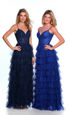 Two women pose together in floor-length blue Dave and Johnny Long Tiered Prom Dress 11148, featuring spaghetti straps and lace bodices, creating a striking look against a white background.