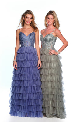 Two women stand side by side in floor-length formal designer dresses with beaded bodices; one wears the Dave and Johnny Long Tiered Prom Dress 11148 in purple, the other a silver-gray gown.