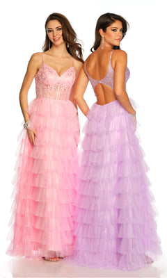 Two women in formal designer gowns: one wears a light pink lace v-neck prom dress with spaghetti straps, while the other shines in the Dave and Johnny Long Tiered Prom Dress 11148—a lavender gown with an open back and statement earrings.
