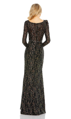 A woman is seen from the back against a white background wearing the Long Formal Dress 11159 by Mac Duggal, a black, floor-length gown with long sleeves and intricate sequin patterns.