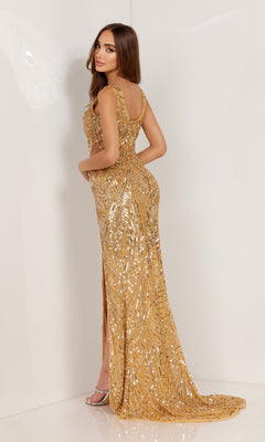 A woman stands in a corner wearing the Deep V-Neck Long Sequin Cut-Out Prom Dress 1115—a gold, floor-length gown with sequin embellishments and a slit—looking over her shoulder.