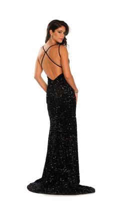 A woman models the Dave and Johnny Long Black Sequin Prom Dress 11171, featuring a floor-length silhouette, low-cut back, and thin crisscross straps, set against a white background.