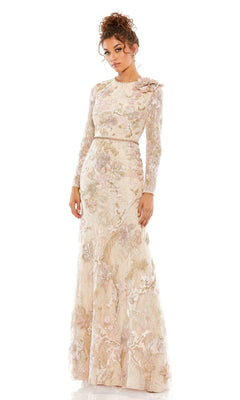 A woman stands against a white background wearing Mac Duggal's Long Formal Dress 11174—a fitted, pastel lace gown featuring floral details and a decorative shoulder flower.