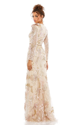 A woman, seen from the back, wears the Long Formal Dress 11174 by Mac Duggal—featuring long sleeves and intricate pastel floral lace—against a white background.