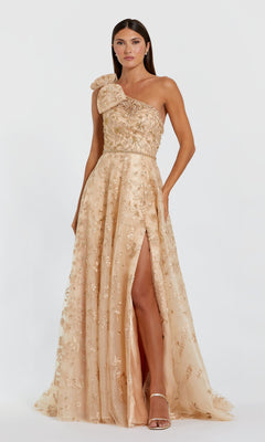 Woman wearing the Sage One-Shoulder Formal Dress by Mac Duggal (Style 11177), a floor-length gown featuring beaded floral embroidery and a thigh-high slit, standing against a plain background.
