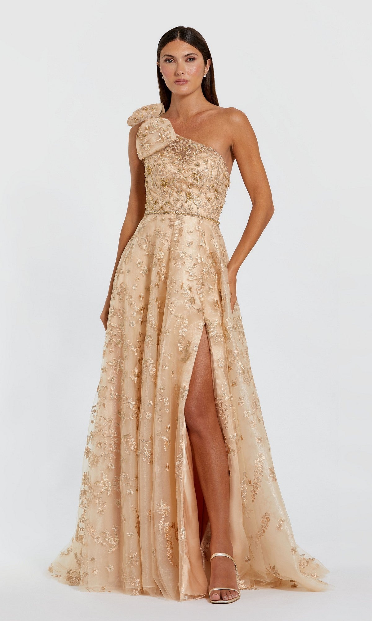 Mac Duggal Embellished Bow One-Shoulder A-Line Gown - Sage Mac Duggal Embellished Bow One-Shoulder A-Line Gown - Sage
