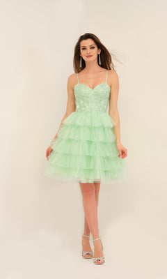 A woman poses in silver heels against a light background, wearing the Dave and Johnny Short Ruffled Hoco Dress 11182—a light green, sleeveless homecoming dress with an embroidered sweetheart bodice and flowing ruffled A-line skirt.