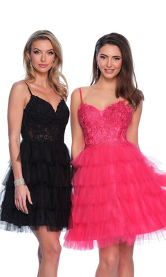 Two women pose against a white background, both wearing the Dave and Johnny Short Ruffled Hoco Dress 11182—one in black lace and tulle with an embroidered sweetheart bodice, the other in bright pink lace and tulle.