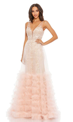 A woman poses against a white background wearing the Mac Duggal Long Formal Dress 11183, featuring a lace peach design with a sheer illusion bodice, plunging V neckline, and layered tulle ruffle skirt.
