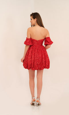 Puff-Sleeve Short Red Party Dress with Bubble Skirt Red / 0 Puff-Sleeve Short Red Party Dress with Bubble Skirt Red / 0