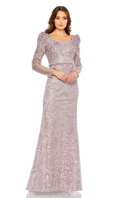 A woman wears the Mac Duggal 11187 Long Sleeve Long Formal Gown, a light mauve evening dress with a fitted bodice, textured patterns, and sheer sleeves—ideal as a mother of the bride dress—against a white background.