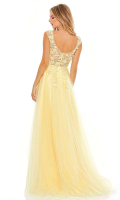 A woman stands with her back to the camera wearing the Long Formal Dress 11201 by Mac Duggal, a sleeveless yellow A-line design featuring a lace bodice, sheer back, and delicate floral embroidery.