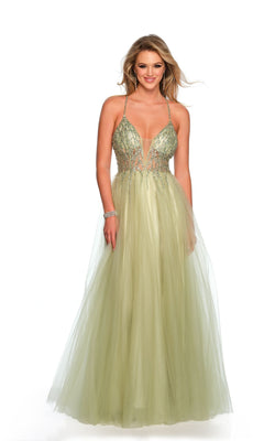 A woman poses against a white background in the Dave and Johnny Long Prom Ball Gown 11202, featuring a light green floor-length design with a beaded bodice and tulle skirt.