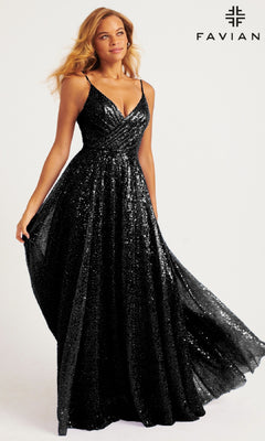 A woman wears the black Faviana 11203 Long Sequin A-Line Prom Dress, sleeveless and floor-length, posing before a plain background with the "FAVIAN" logo in the top right corner.