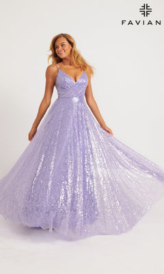A woman wears the Long Sequin A-Line Prom Dress: Faviana 11203, featuring thin straps, standing against a plain background. “FAVIAN” and its logo appear in the top right corner.
