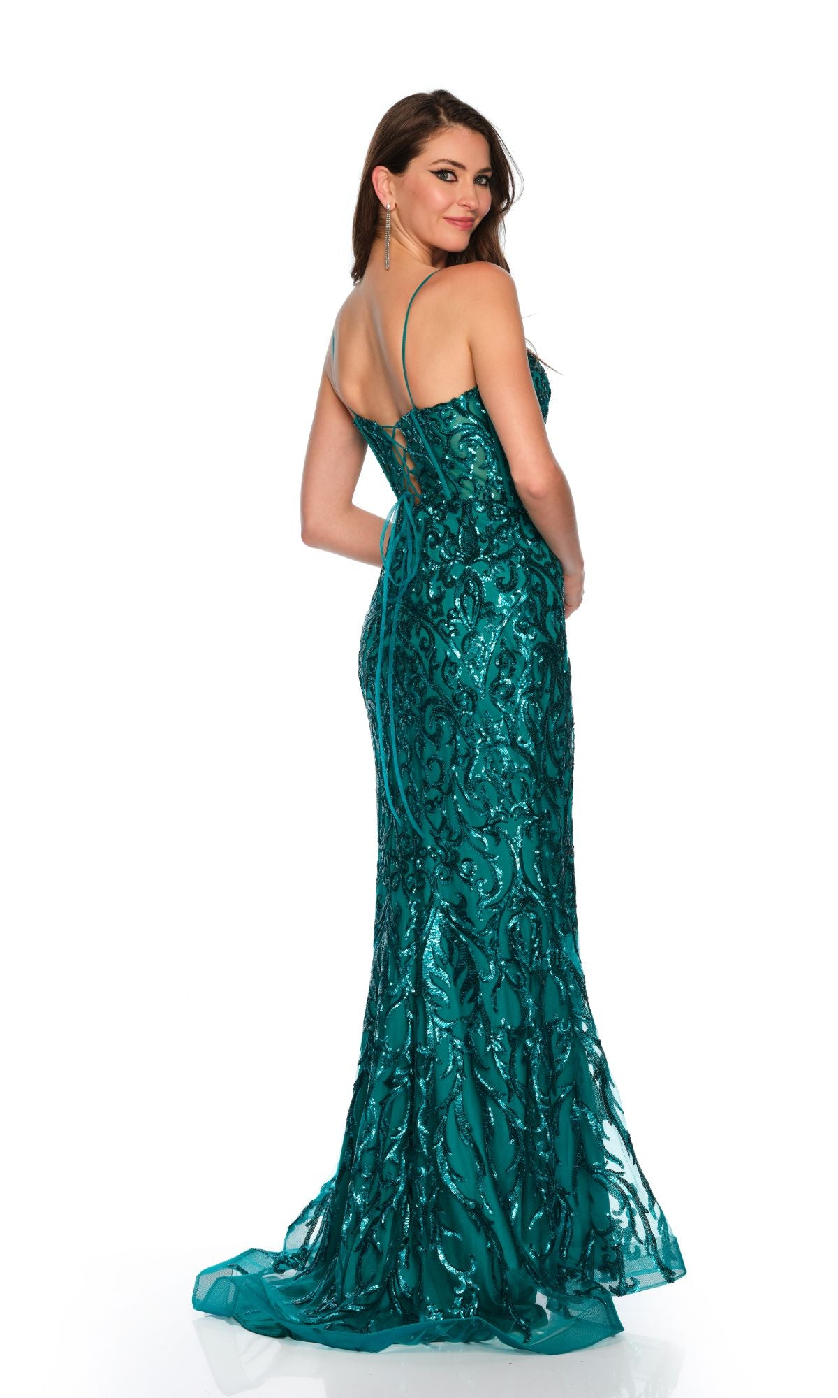 Dave and Johnny Long Green Sequin Prom Dress 11204