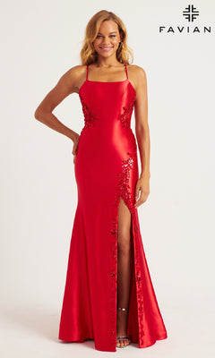 A woman stands against a white background with the FAVIAN logo, wearing the Faviana 11205 Lace-Up Long Mermaid Prom Dress in red, featuring sequins, spaghetti straps, and a thigh-high slit.