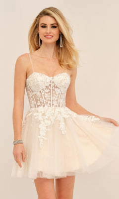 Ivory White Short Homecoming Dress with Sheer Corset– PromGirl