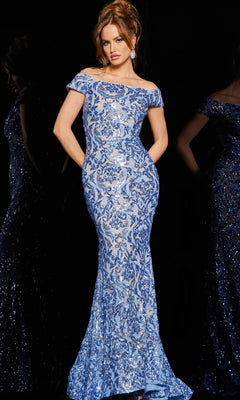 A woman poses against a black background in the Off-Shoulder Jovani Long Beaded Formal Dress 1122, her reflection shimmering in the elegant blue and silver sequined gown—an ideal choice for prom night.