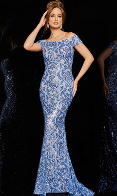 A woman models the Off-Shoulder Jovani Long Beaded Formal Dress 1122, showcasing shimmering blue and silver sequins in a fitted silhouette, perfect for prom, set against a sleek black background.