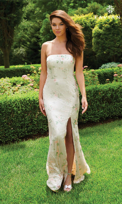 Strapless Floral-Print Sequin Prom Dress with Slit Ivory Floral / 0