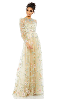 A woman stands against a white background wearing the Long Formal Dress 11226 by Mac Duggal, featuring sheer fabric, floral embroidery, long sleeves, and a high neckline.