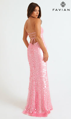 A woman stands sideways against a plain white background, modeling the Faviana 11258 long prom dress—strapless, covered in sequins, and featuring a lace-up back. The word "Faviana" and its logo appear in the top right corner.