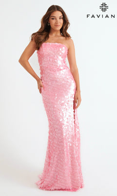 A woman in the Faviana 11258 long prom dress, a sleeveless floor-length pink sequin gown, stands against a white background with the Faviana logo in the top right corner.