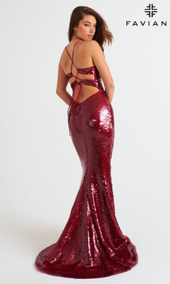 A woman models the Faviana 11261 long prom dress in burgundy sequins, featuring a strappy open back and floor-length mermaid silhouette, against a plain white background.