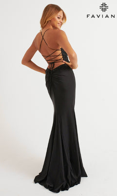 A woman wears the Faviana 11264 long prom dress, featuring a black, floor-length design with a beaded bodice and crisscross straps, standing with her back to the camera. The "FAVIANA" logo is displayed in the top right corner.