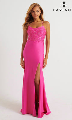 A woman models the Long Prom Dress: Faviana 11264—bright pink charmeuse with a beaded bodice, spaghetti straps, high front slit, and lace-up back—against a white background. The Faviana logo is in the top right corner.