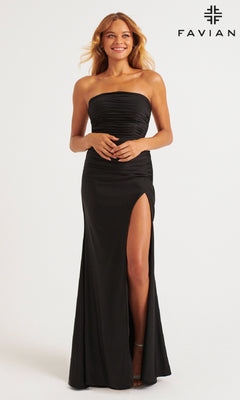 A woman smiles in the Faviana 11266 long prom dress, featuring a strapless ruched bodice, high leg slit, and subtle lace-up back. The Faviana logo is displayed in the top right corner.