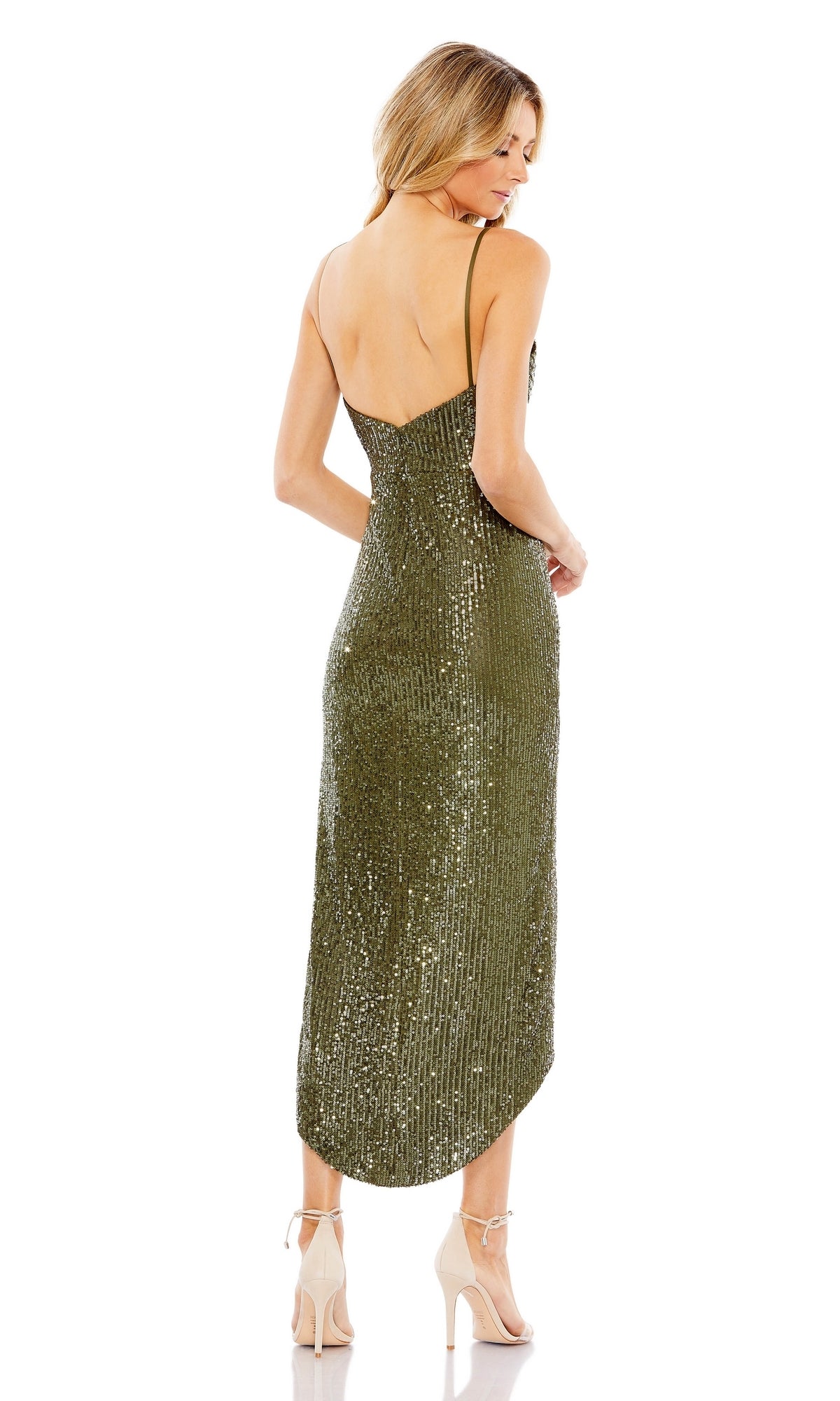 A woman in the Olive Green High-Low Sequin Cocktail Dress 11272 pairs it with high heels, standing against a white background.
