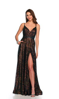 A woman models the Dave & Johnny 11278 long black sequin prom dress with spaghetti straps and a high slit, paired with silver high-heeled sandals, standing against a white background.