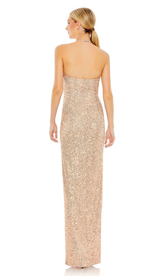 A woman with blond hair in a low ponytail models the Long Black Sequin Halter Prom Dress 11279, shown from the back against a plain white background.