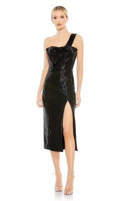 open lace back dress Mac Duggal Sequined One-Shoulder Front Bow Dress
