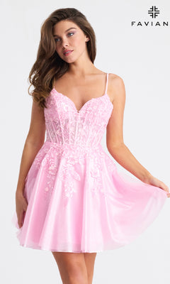 Beaded Short Homecoming Dress with Lace-Up Corset Cotton Candy Pink / 00 Beaded Short Homecoming Dress with Lace-Up Corset Cotton Candy Pink / 00