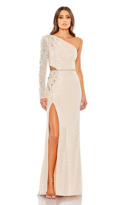 A woman wearing the Long Formal Dress 11306 by Mac Duggal, featuring a cream one-shoulder design, thigh-high slit, sequined details, and a fitted waist.