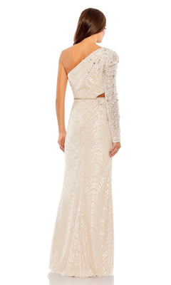A woman is shown from the back wearing Mac Duggal Long Formal Dress 11306—a cream sequin, floor-length, one-shoulder gown with a single fitted long sleeve and a waist cutout.