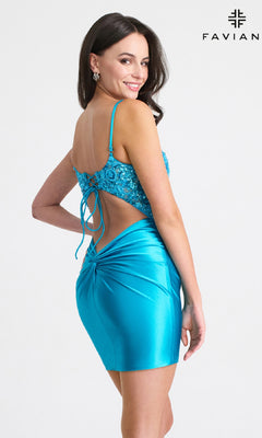 A woman poses in a bright blue, fitted satin cocktail dress with an open twist-back, looking over her shoulder. The product name "Twist-Back Short Satin Hoco Dress: Faviana 11310" is shown in the top right corner.
